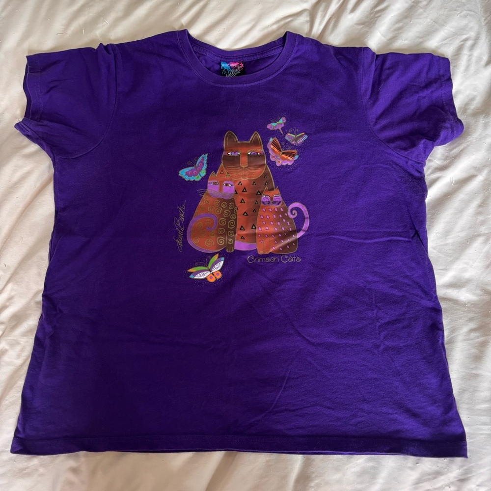 Laurel Burch Crimson Cats Tee Shirt Purple Graphic Top Artsy Cat Vintage Style L